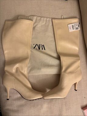 ZARA Beige Knee-High Leather Stiletto Boots